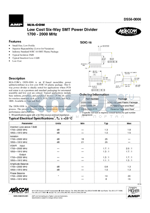 DS56-0006-TR datasheet - Low Cost Six-Way SMT Power Divider 1700 - 2000 MHz