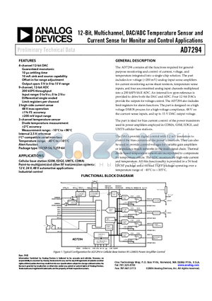AD7294 datasheet - 12-Bit, Multichannel, DAC/ADC Temperature Sensor and Current Sense for Monitor and Control Applications
