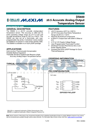 DS600U/R datasheet - 0.5 Accurate Analog-Output Temperature Sensor