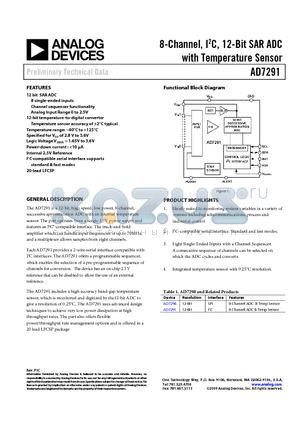 AD7291BCPZ-RL7 datasheet - 8-Channel, I2C, 12-Bit SAR ADC with Temperature Sensor