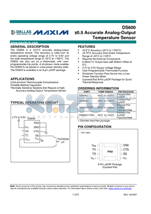 DS600 datasheet - a0.5 Accurate Analog-Output Temperature Sensor