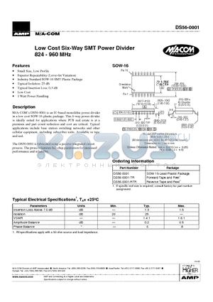 DS56-0001 datasheet - Low Cost Six-Way SMT Power Divider 824 - 960 MHz