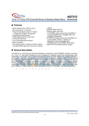 AD7312LF datasheet - 1/4 to 1/11 Duty VFD Controller/Driver & Standby Master/Slave