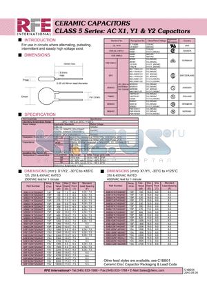 5SE152MT402A97 datasheet - CERAMIC CAPACITORS CLASS 5 Series: AC X1, Y1 & Y2 Capacitors