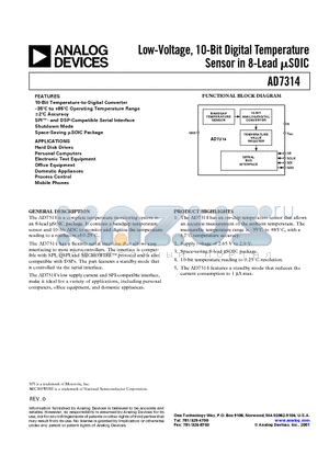 AD7314 datasheet - Low-Voltage, 10-Bit Digital Temperature Sensor in 8-Lead uSOIC