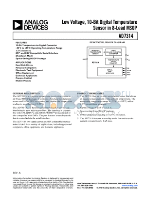 AD7314 datasheet - Low Voltage, 10-Bit Digital Temperature Sensor in 8-Lead MSOP