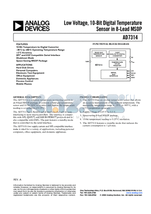 AD7314ARM-REEL datasheet - Low Voltage, 10-Bit Digital Temperature Sensor in 8-Lead MSOP