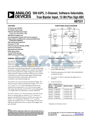 AD7321BRUZ datasheet - 500 kSPS, 2-Channel, Software-Selectable, True Bipolar Input, 12-Bit Plus Sign ADC