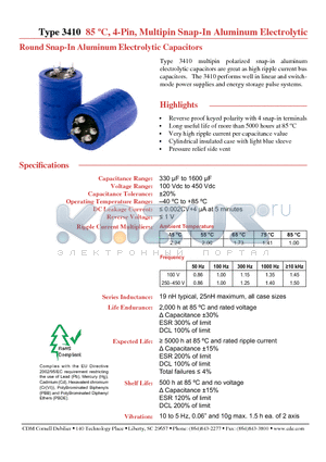 3410EJ123M100HPA1 datasheet - 85 C, 4-Pin, Multipin Snap-In Aluminum Electrolytic