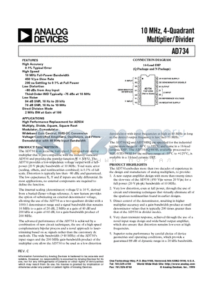 AD734 datasheet - 10 MHz, 4-Quadrant Multiplier/Divider