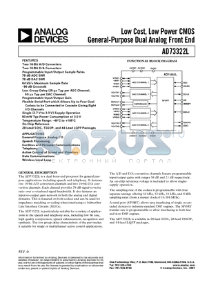 AD73322LYR datasheet - Low Cost, Low Power CMOS General-Purpose Dual Analog Front End