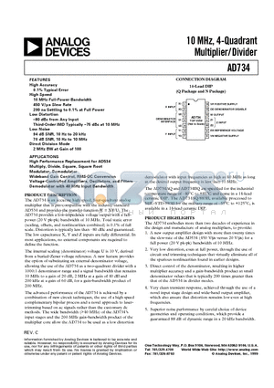 AD734SCHIPS datasheet - 10 MHz, 4-Quadrant Multiplier/Divider