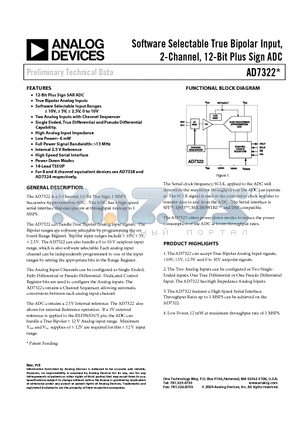 AD7322BRU datasheet - Software Selectable True Bipolar Input, 2-Channel, 12-Bit Plus Sign ADC