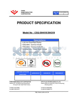 CSQ-3944V9 datasheet - 0.39 Inch Quad Digit Display