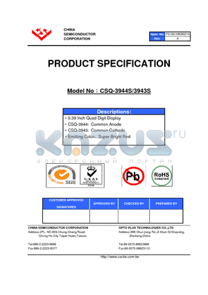 CSQ-3943S datasheet - 0.39 Inch Quad Digit Display