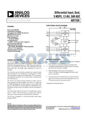 AD7356BRUZ-500RL7 datasheet - Differential Input, Dual, 5 MSPS, 12-Bit, SAR ADC