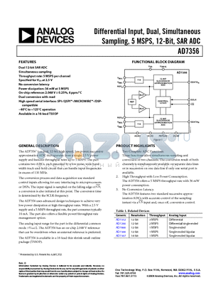 AD7356YRUZ-RL datasheet - Differential Input, Dual, Simultaneous Sampling, 5 MSPS, 12-Bit, SAR ADC