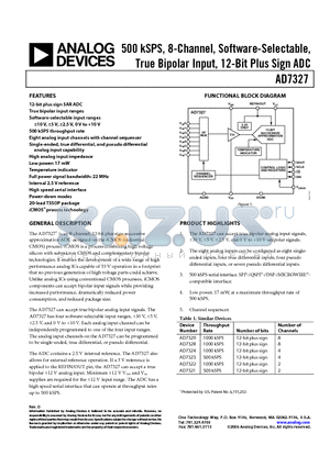 AD7327BRUZ-REEL datasheet - 500 kSPS, 8-Channel, Software-Selectable, True Bipolar Input, 12-Bit Plus Sign ADC