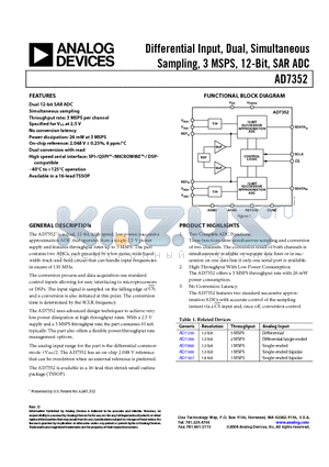 AD7352 datasheet - Differential Input, Dual, Simultaneous Sampling, 3 MSPS, 12-Bit, SAR ADC