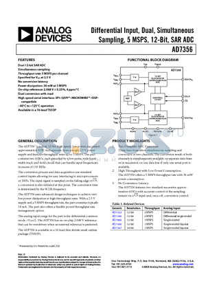 AD7356BRUZ-500RL7 datasheet - Differential Input, Dual, Simultaneous Sampling, 5 MSPS, 12-Bit, SAR ADC