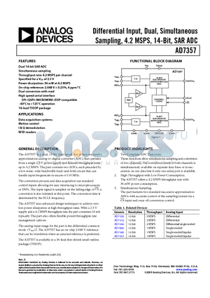 AD7357 datasheet - Differential Input, Dual, Simultaneous Sampling, 4.2 MSPS, 14-Bit, SAR ADC