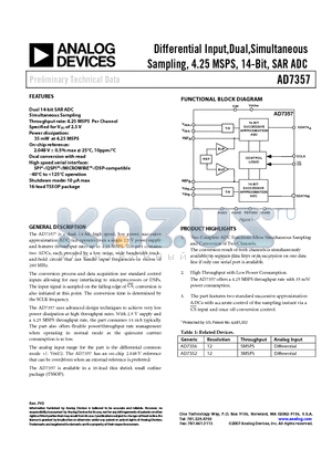 AD7357YRUZ datasheet - Differential Input,Dual,Simultaneous Sampling, 4.25 MSPS, 14-Bit, SAR ADC