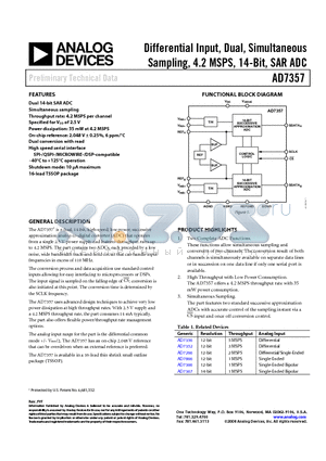 AD7357YRUZ datasheet - Differential Input, Dual, Simultaneous Sampling, 4.2 MSPS, 14-Bit, SAR ADC