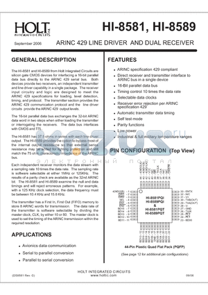 HI-8581 datasheet - ARINC 429 LINE DRIVER AND DUAL RECEIVER