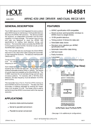 HI-8581CJT datasheet - ARINC 429 LINE DRIVER AND DUAL RECEIVER