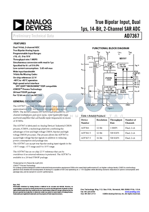 AD7367-5ARUZ datasheet - True Bipolar Input, Dual 1us, 14-Bit, 2-Channel SAR ADC