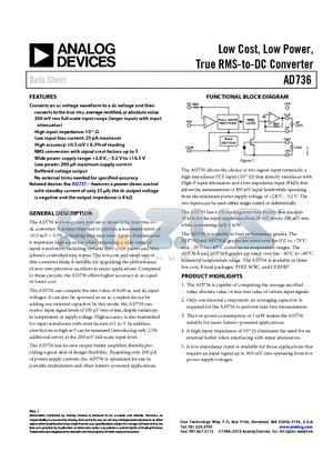 AD736-EVALZ datasheet - Low Cost, Low Power, True RMS-to-DC Converter