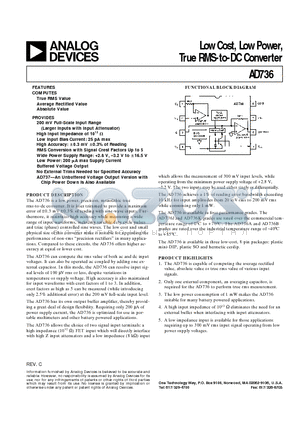 AD736AQ datasheet - Low Cost, Low Power, True RMS-to-DC Converter