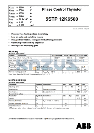 5STP12K6500 datasheet - Phase Control Thyristor