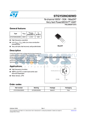 GY50NC60WD datasheet - N-channel 600V - 50A - Max247 Very fast PowerMESH IGBT