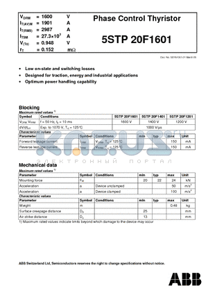 5STP20F1601 datasheet - Phase Control Thyristor