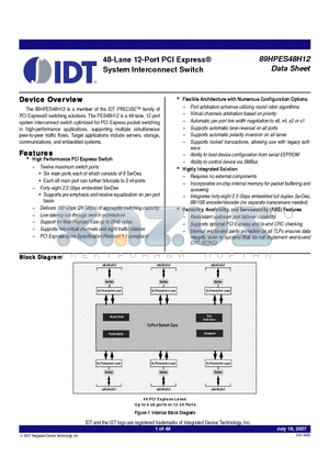 89HPES48H12ZABLI datasheet - 48-Lane 12-Port PCI Express System Interconnect Switch