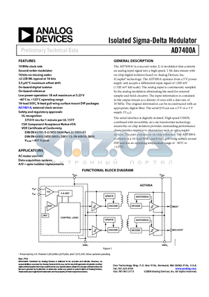 AD7400AYRWZREEL7 datasheet - Isolated Sigma-Delta Modulator