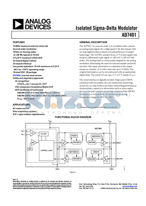 AD7401YRWZ-REEL datasheet - Isolated Sigma-Delta Modulator