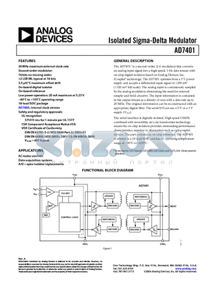 AD7401YRWZ-REEL datasheet - Isolated Sigma-Delta Modulator