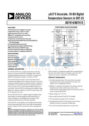 AD7414ARTZ-2REEL datasheet - a0.5C Accurate, 10-Bit Digital Temperature Sensors in SOT-23