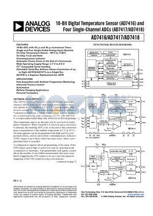 AD7416ACHIPS datasheet - 10-Bit Digital Temperature Sensor (AD7416) and Single/Four-Channel ADC (AD7417/AD7418)