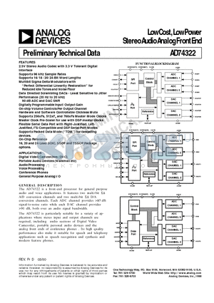 AD74322AAR datasheet - Low Cost, Low Power Stereo Audio Analog Front End