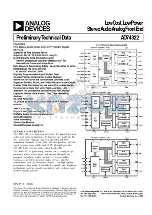 AD74322AARU datasheet - Low Cost, Low Power Stereo Audio Analog Front End