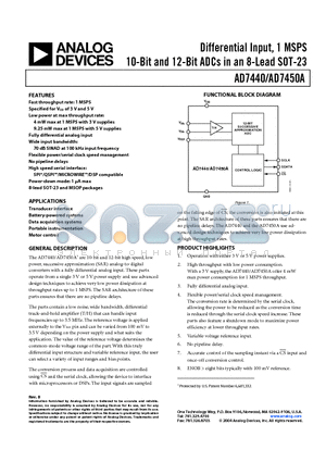 AD7440BRT-R2 datasheet - Differential Input, 1 MSPS 10-Bit and 12-Bit ADCs in an 8-Lead SOT-23