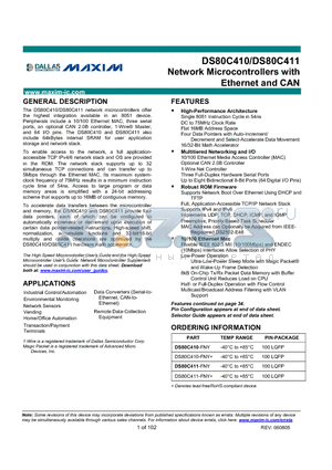 DS80C411-FNY datasheet - Network Microcontrollers with Ethernet and CAN