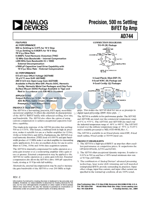 AD744JR-REEL datasheet - Precision, 500 ns Settling BiFET Op Amp