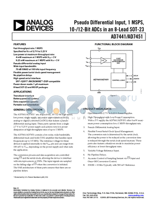 AD7441 datasheet - Pseudo Differential Input, 1 MSPS, 10-/12-Bit ADCs in an 8-Lead SOT-23