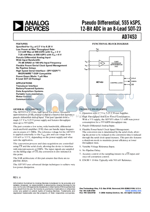 AD7453BRT-REEL7 datasheet - Pseudo Differential, 555 kSPS, 12-Bit ADC in an 8-Lead SOT-23