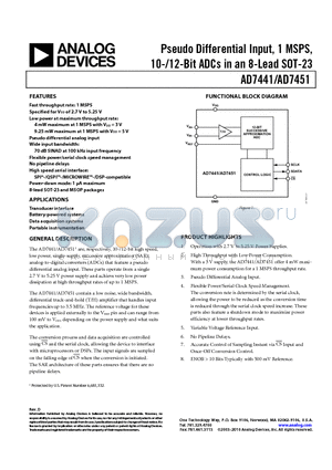 AD7451BRMZ datasheet - Pseudo Differential Input, 1 MSPS, 10-/12-Bit ADCs in an 8-Lead SOT-23