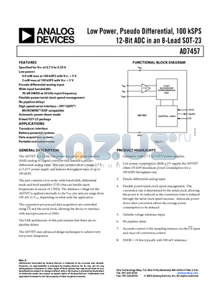 AD7457 datasheet - Low Power, Pseudo Differential, 100 kSPS 12-Bit ADC in an 8-Lead SOT-23